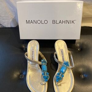 Manolo Blahnik Metallic Gold Heels with Turquoise Embellishments